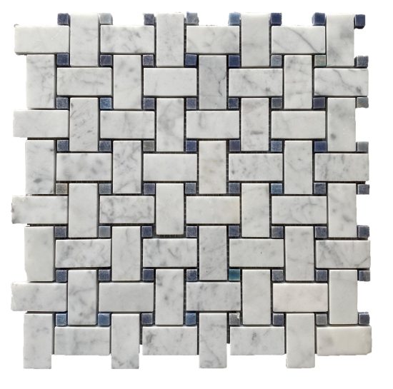 Basketweave Carrara with Azul Dot Honed Mosaic image